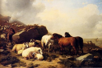 ユージン・ヨーゼフ・フェルベックホーフェン Painting - 海岸沿いの馬と羊 オイゲン・フェルベックホーフェン 動物